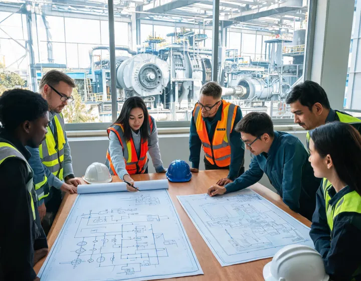 Generator engineering team reviewing installation drawings