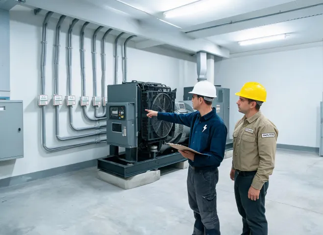 Contractor and facility manager inspecting generator installation